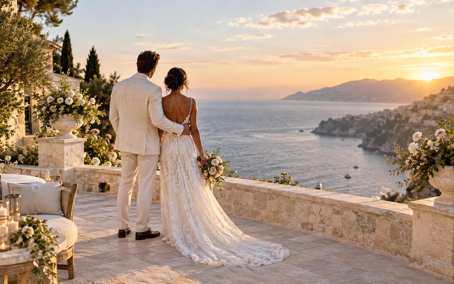 A couple celebrating their destination wedding overlooking the Mediterranean